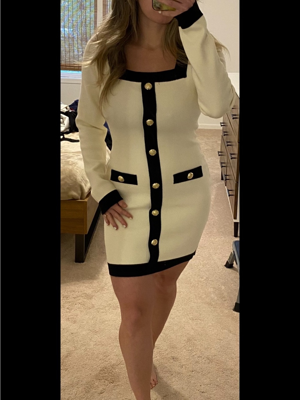 Endless Rose Ivory Mini Dress with Black Trim and Gold Buttons